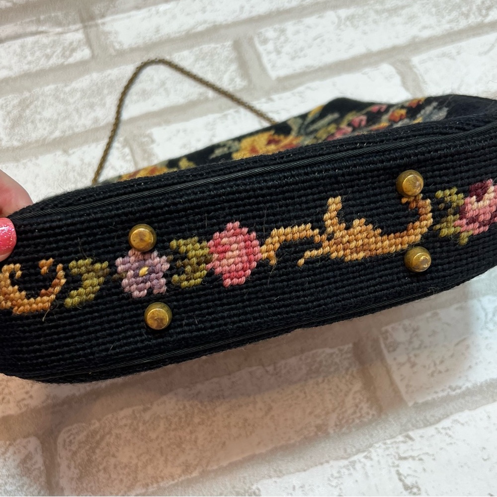 Vintage Tapestry Purse Handbag Black Floral Chain Handle Coin Purse - Picture 2 of 12